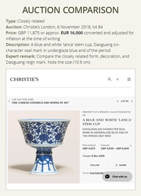 Lot 134 - A BLUE AND WHITE 'LANCA' STEM CUP, DAOGUANG MARK AND PERIOD