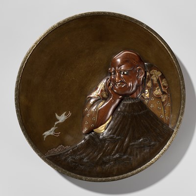 Lot 133 - A LARGE AND IMPRESSIVE MIXED METAL DISH DEPICTING WASOBEI AND MOUNT FUJI