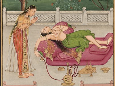 Lot 702 - AN INDIAN MINIATURE PAINTING OF A LADY SMOKING A HOOKAH