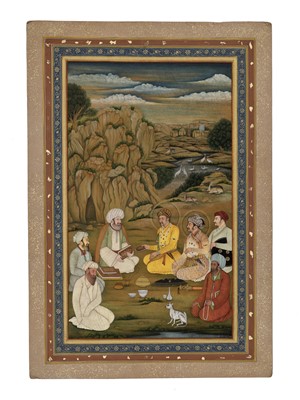 Lot 701 - AN INDIAN MINIATURE PAINTING OF EMPEROR JAHANGIR AND HIS SONS VISITING A HERMIT