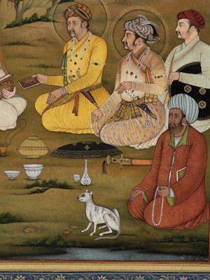 Lot 701 - AN INDIAN MINIATURE PAINTING OF EMPEROR JAHANGIR AND HIS SONS VISITING A HERMIT