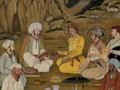 Lot 701 - AN INDIAN MINIATURE PAINTING OF EMPEROR JAHANGIR AND HIS SONS VISITING A HERMIT