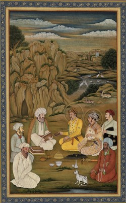 Lot 701 - AN INDIAN MINIATURE PAINTING OF EMPEROR JAHANGIR AND HIS SONS VISITING A HERMIT