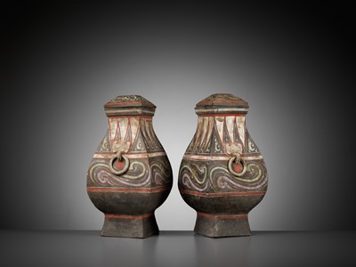 Lot 64 - A PAIR OF LARGE PAINTED POTTERY SQUARE VASES AND COVERS, FANGHU, HAN DYNASTY
