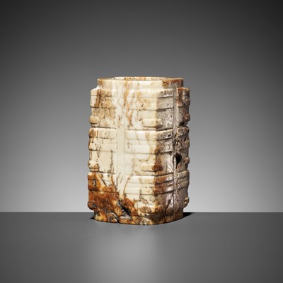 Lot 78 - A THREE-TIERED WHITE AND RUSSET JADE CONG, LATE LIANGZHU CULTURE