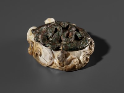 Lot 320 - A ‘CHILONG’ JADE WEIGHT, EMBELLISHED WITH A GILT-BRONZE ‘DRAGON’ PLAQUE, HAN DYNASTY
