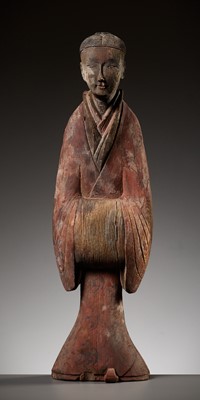 Lot 496 - A PAINTED WOOD FIGURE OF A COURT LADY, WARRING STATES PERIOD TO WESTERN HAN DYNASTY