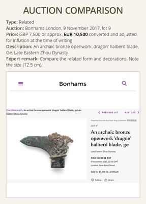 Lot 462 - A BRONZE ‘PHOENIX’ HALBERD BLADE, GE, EASTERN ZHOU DYNASTY