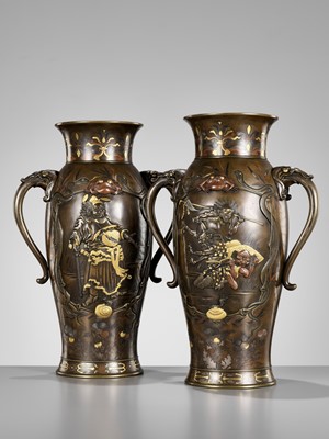 Lot 112 - A SUPERB PAIR OF MIYAO-STYLE MIXED-METAL-INLAID AND PARCEL-GILT BRONZE VASES WITH SHOKI AND ONI