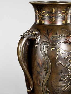 Lot 112 - A SUPERB PAIR OF MIYAO-STYLE MIXED-METAL-INLAID AND PARCEL-GILT BRONZE VASES WITH SHOKI AND ONI
