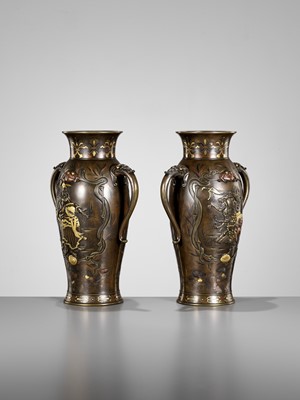 Lot 112 - A SUPERB PAIR OF MIYAO-STYLE MIXED-METAL-INLAID AND PARCEL-GILT BRONZE VASES WITH SHOKI AND ONI