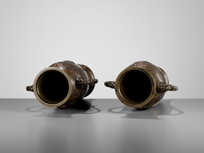 Lot 112 - A SUPERB PAIR OF MIYAO-STYLE MIXED-METAL-INLAID AND PARCEL-GILT BRONZE VASES WITH SHOKI AND ONI