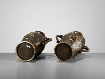 Lot 112 - A SUPERB PAIR OF MIYAO-STYLE MIXED-METAL-INLAID AND PARCEL-GILT BRONZE VASES WITH SHOKI AND ONI