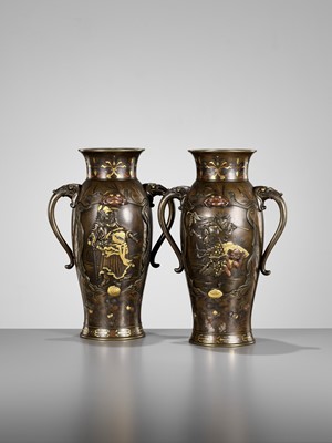Lot 112 - A SUPERB PAIR OF MIYAO-STYLE MIXED-METAL-INLAID AND PARCEL-GILT BRONZE VASES WITH SHOKI AND ONI
