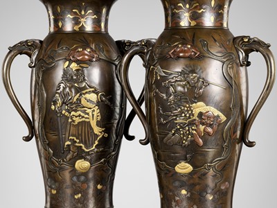Lot 129 - A SUPERB PAIR OF MIYAO-STYLE MIXED-METAL-INLAID AND PARCEL-GILT BRONZE VASES WITH SHOKI AND ONI