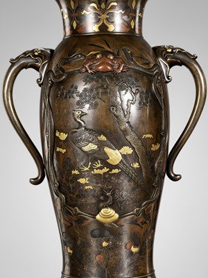 Lot 112 - A SUPERB PAIR OF MIYAO-STYLE MIXED-METAL-INLAID AND PARCEL-GILT BRONZE VASES WITH SHOKI AND ONI