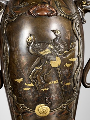Lot 112 - A SUPERB PAIR OF MIYAO-STYLE MIXED-METAL-INLAID AND PARCEL-GILT BRONZE VASES WITH SHOKI AND ONI