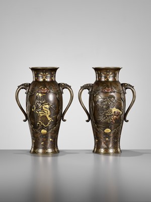 Lot 112 - A SUPERB PAIR OF MIYAO-STYLE MIXED-METAL-INLAID AND PARCEL-GILT BRONZE VASES WITH SHOKI AND ONI