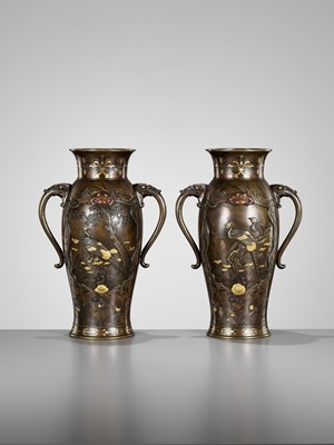 Lot 112 - A SUPERB PAIR OF MIYAO-STYLE MIXED-METAL-INLAID AND PARCEL-GILT BRONZE VASES WITH SHOKI AND ONI