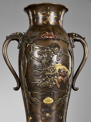 Lot 112 - A SUPERB PAIR OF MIYAO-STYLE MIXED-METAL-INLAID AND PARCEL-GILT BRONZE VASES WITH SHOKI AND ONI