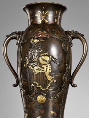 Lot 112 - A SUPERB PAIR OF MIYAO-STYLE MIXED-METAL-INLAID AND PARCEL-GILT BRONZE VASES WITH SHOKI AND ONI