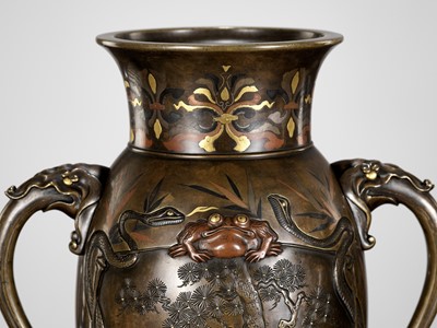 Lot 112 - A SUPERB PAIR OF MIYAO-STYLE MIXED-METAL-INLAID AND PARCEL-GILT BRONZE VASES WITH SHOKI AND ONI