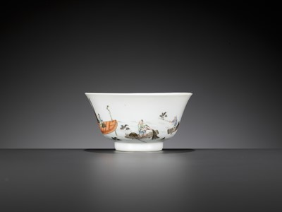 Lot 429 - A SMALL AND RARE FAMILLE ROSE ‘CORMORANT FISHING’ BOWL, TONGZHI MARK AND PERIOD
