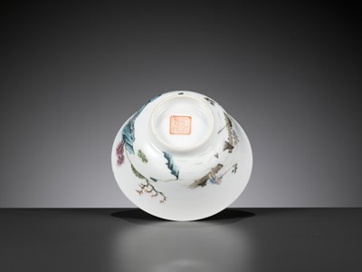Lot 429 - A SMALL AND RARE FAMILLE ROSE ‘CORMORANT FISHING’ BOWL, TONGZHI MARK AND PERIOD