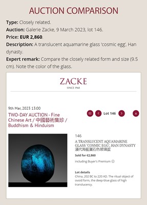 Lot 732 - A TRANSLUCENT GLASS ‘COSMIC EGG’, HAN DYNASTY