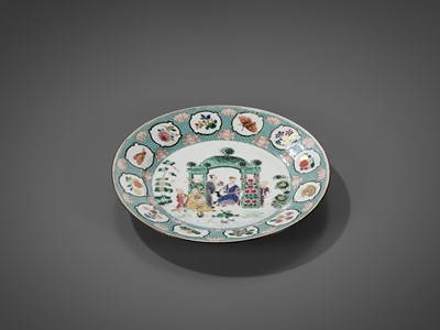 Lot 96 - A FAMILLE ROSE ‘IN THE ARBOR’ DISH BY CORNELIUS PRONK, CHINA, 1735-1740