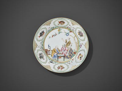 Lot 106 - A FAMILLE ROSE ‘DOCTOR’S VISIT’ DISH, BY CORNELIUS PRONK, EARLY QIANLONG PERIOD