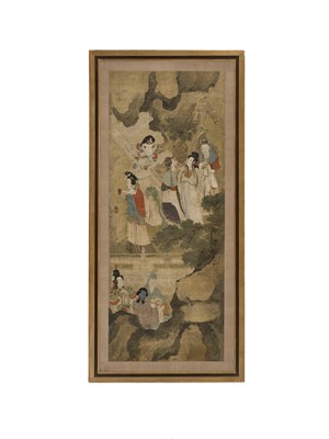 Lot 551 - A SILK PAINTING OF XIWANGMU AND OTHER FEMALE DEITIES, QING DYNASTY