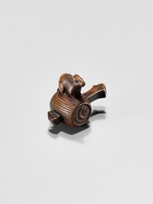 Lot 341 - A WOOD NETSUKE OF A RAT ON DAIKOKU’S WISH-GRANTING MALLET