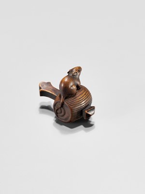 Lot 341 - A WOOD NETSUKE OF A RAT ON DAIKOKU’S WISH-GRANTING MALLET