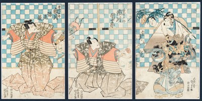 Lot 1298 - UTAGAWA TOYOKUNI III: A COLOR WOODBLOCK PRINT TYPTICH DEPICTING SOGA MONOGATARI