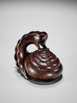 Lot 353 - SHUZAN: AN EXCEPTIONAL WOOD NETSUKE OF A SNAIL ACROBAT