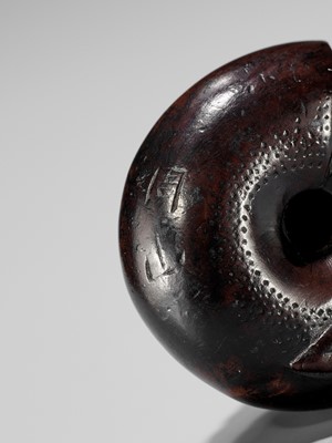 Lot 353 - SHUZAN: AN EXCEPTIONAL WOOD NETSUKE OF A SNAIL ACROBAT