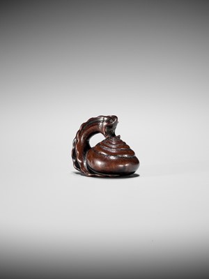 Lot 353 - SHUZAN: AN EXCEPTIONAL WOOD NETSUKE OF A SNAIL ACROBAT