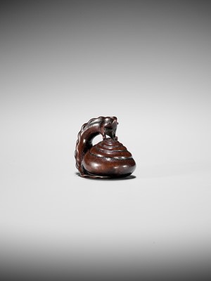Lot 353 - SHUZAN: AN EXCEPTIONAL WOOD NETSUKE OF A SNAIL ACROBAT
