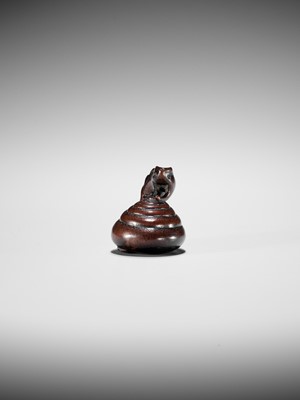 Lot 353 - SHUZAN: AN EXCEPTIONAL WOOD NETSUKE OF A SNAIL ACROBAT