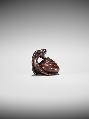 Lot 353 - SHUZAN: AN EXCEPTIONAL WOOD NETSUKE OF A SNAIL ACROBAT
