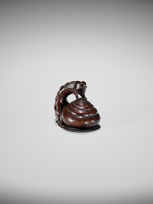 Lot 353 - SHUZAN: AN EXCEPTIONAL WOOD NETSUKE OF A SNAIL ACROBAT