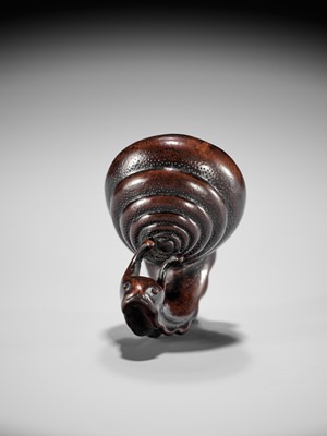Lot 353 - SHUZAN: AN EXCEPTIONAL WOOD NETSUKE OF A SNAIL ACROBAT