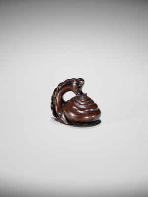 Lot 353 - SHUZAN: AN EXCEPTIONAL WOOD NETSUKE OF A SNAIL ACROBAT