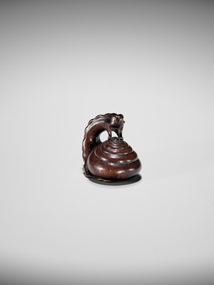 Lot 353 - SHUZAN: AN EXCEPTIONAL WOOD NETSUKE OF A SNAIL ACROBAT