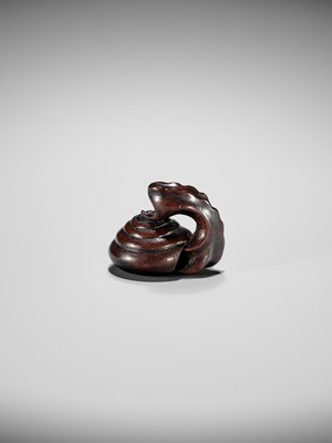 Lot 353 - SHUZAN: AN EXCEPTIONAL WOOD NETSUKE OF A SNAIL ACROBAT