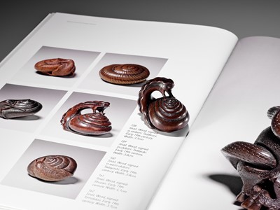 Lot 353 - SHUZAN: AN EXCEPTIONAL WOOD NETSUKE OF A SNAIL ACROBAT