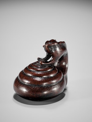 Lot 353 - SHUZAN: AN EXCEPTIONAL WOOD NETSUKE OF A SNAIL ACROBAT