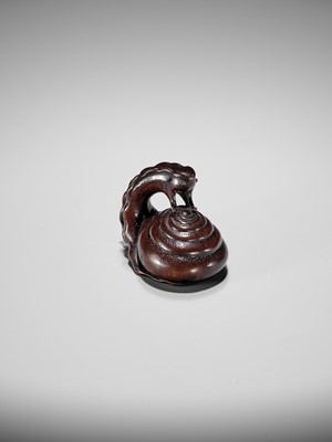 Lot 353 - SHUZAN: AN EXCEPTIONAL WOOD NETSUKE OF A SNAIL ACROBAT