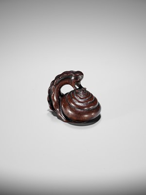 Lot 353 - SHUZAN: AN EXCEPTIONAL WOOD NETSUKE OF A SNAIL ACROBAT